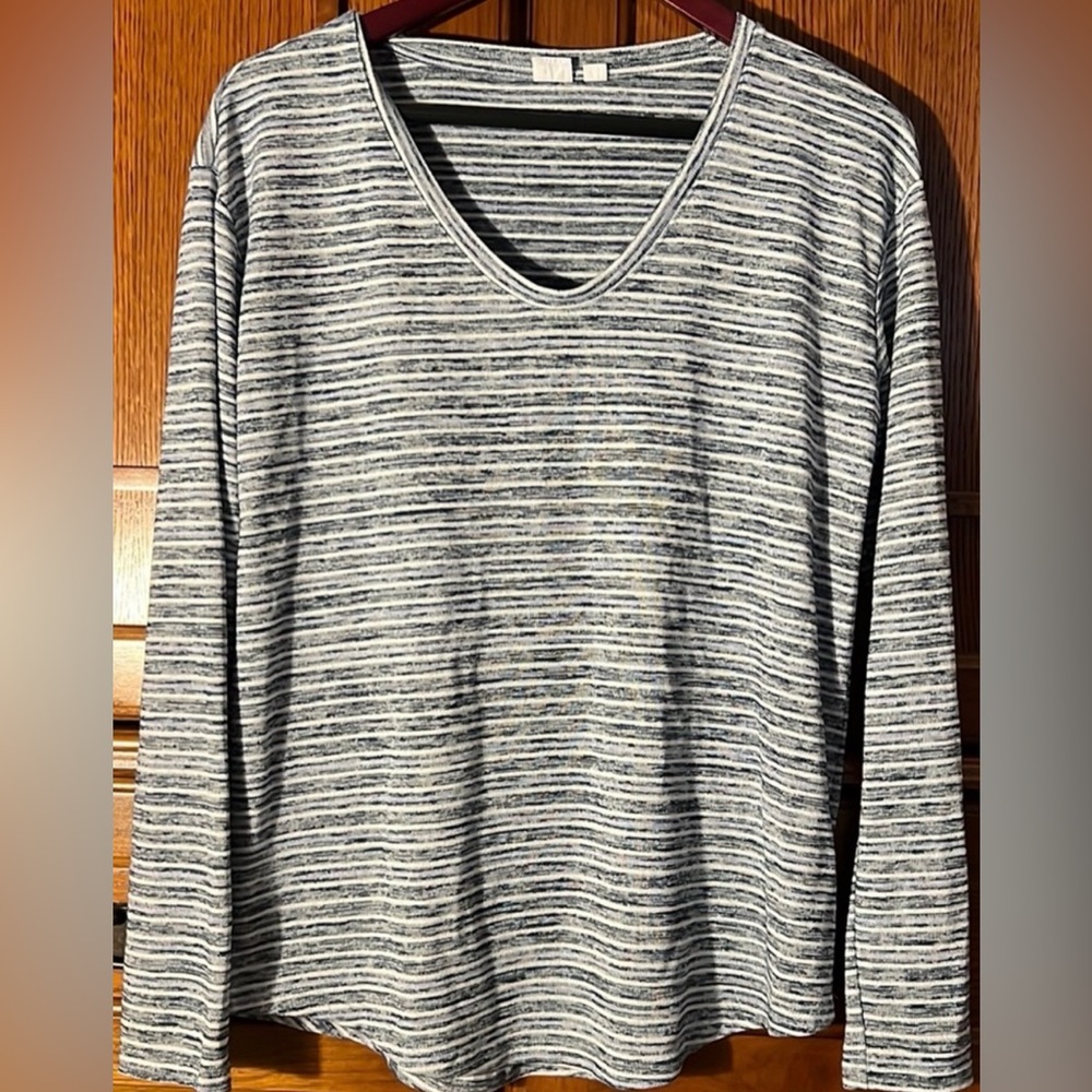 GAP Favorite Stripe V-neck Featherweight Soft Spun Long Sleeve Tee SpaceDye Blue
